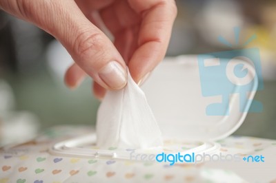 Hand Picked A Wet Wipes In Package Box, Wet Wipes In A Woman's H… Stock Photo
