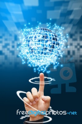 Hand Pointing To Digital World Stock Photo