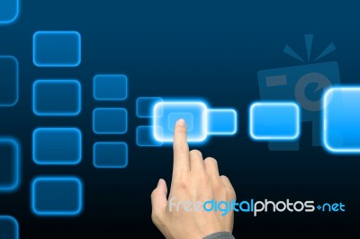 Hand Pushing A Button Touch Screen  Stock Photo