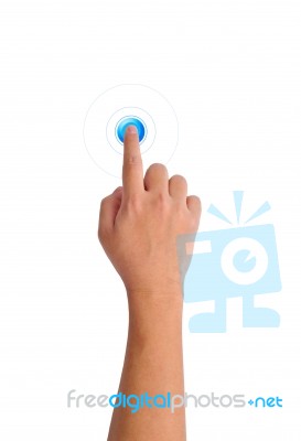 Hand Pushing Blue Button Stock Photo