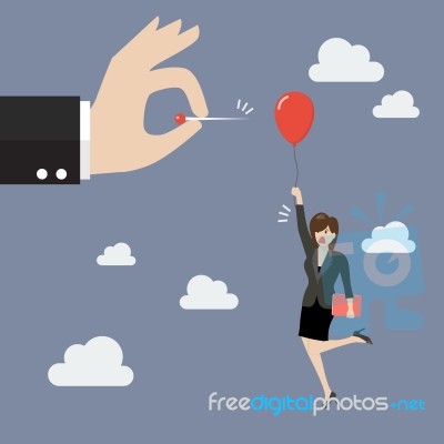 Hand Pushing Needle To Pop The Balloon Of Woman Stock Image
