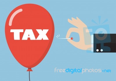 Hand Pushing Needle To Pop The Tax Balloon Stock Image