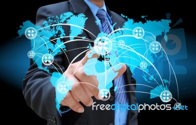 Hand Pushing Social Network Button On A Touch Screen Interface Stock ...