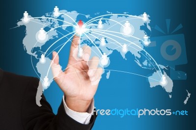 Hand Pushing Social Network Structure Stock Photo