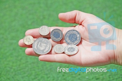 Hand Showing francs Coins Stock Photo