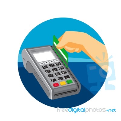 Hand Swiping Credit Card On Pos Terminal Retro Stock Image