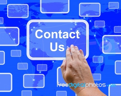Hand Touching Contact Us Button Stock Photo