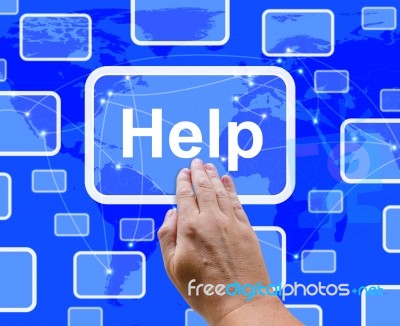 Hand Touching Help Button Stock Photo