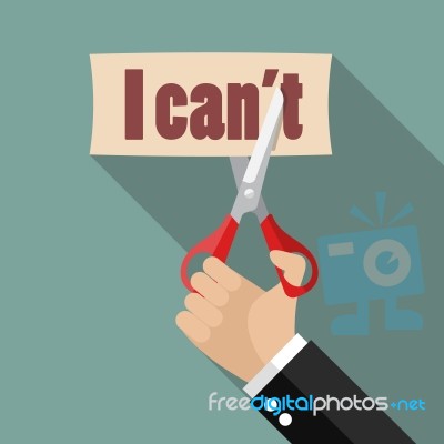 Hand Using Scissors To Remove The Word Can't To Read I Can Stock Image