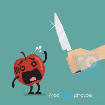 Hand With A Knife Prepare To Cut The Funny Apple Stock Image