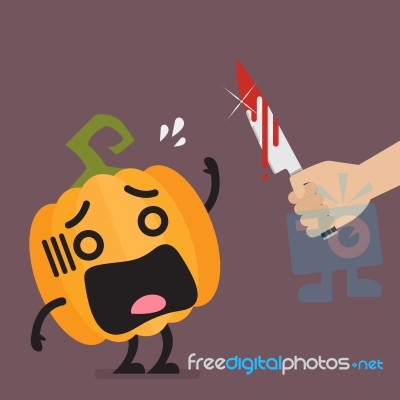 Hand With A Knife Prepare To Cut The Funny Pumpkin Character Stock Image