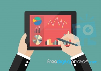 Hand Writing On Screen Of Tablet With Flat Simplistic Inforgraph… Stock Image