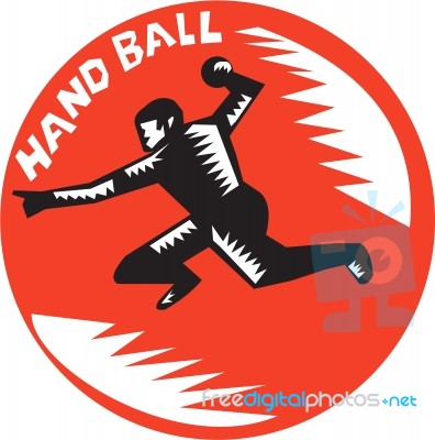 Handball Player Jump Striking Circle Woodcut Stock Image