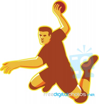 Handball Player Jumping Striking Retro Stock Image
