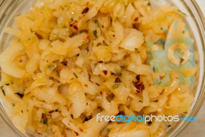 Handmade Preparation Of Sauerkraut And Cabbage Kimchi Stock Photo