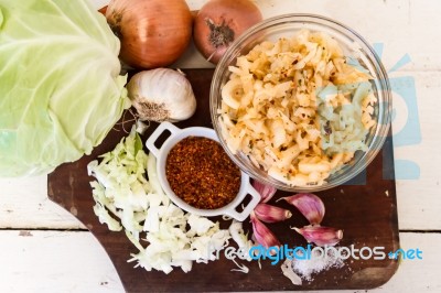 Handmade Preparation Of Sauerkraut And Cabbage Kimchi Stock Photo