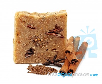 Handmade Soap With Cinnamon And Anise Star On White Background Stock Photo