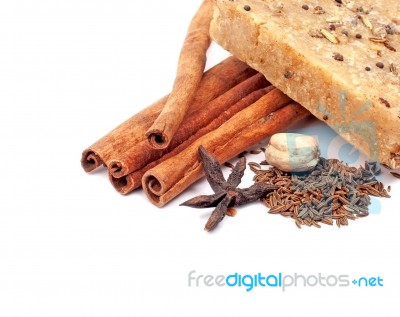 Handmade Soap With Cinnamon And Anise Star On White Background Stock Photo