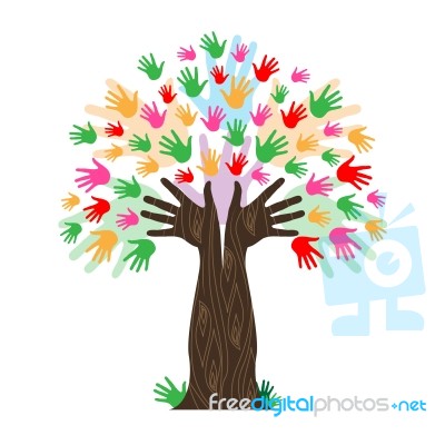 Handprints Tree Means Hands Together And Artwork Stock Image
