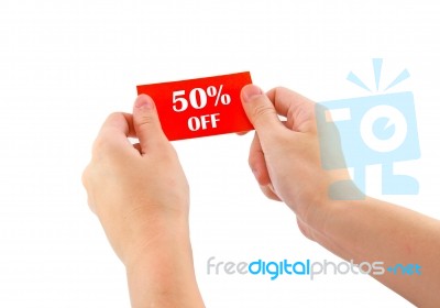 Hands Holding 50 Percent Off Card Stock Photo