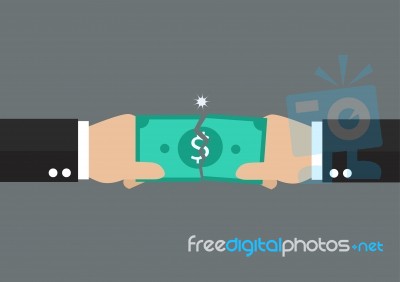 Hands Tearing Apart A Banknote Stock Image