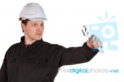 Handyman Wearing Uniform And Hardhat Stock Photo