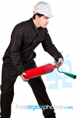 Handyman Wearing Uniform And Hardhat Stock Photo