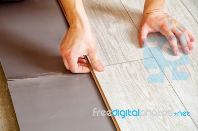 Handyman's Hands Laying Down Laminate Flooring Boards Stock Photo