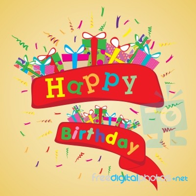 Happy Birthday With Colorful Gift On Yellow Background.  Happy Birthday On Party Background Stock Image