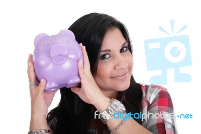 Happy Business Woman With Her Savings, Isolated Stock Photo