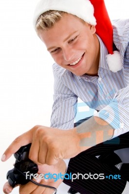 Happy Caucasian Man Pressing Remote Stock Photo