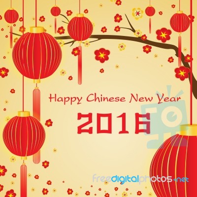Happy Chinese New Year 2016 Card And Lighting Yellow On Gold Background. Chinese New Year And Colorful Flower On Gold Background Stock Image Happy Chinese New Year 2016 Card And Lighting Yellow On Gold Background. Chinese New Year And Colorful Flower On Gold Background Stock Image