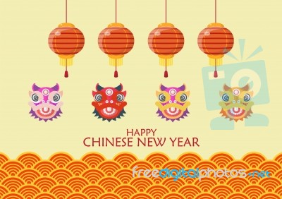 Happy Chinese New Year With Dancing Lions And Lanterns Stock Image