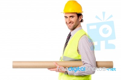 Happy Civil Engineer Holding Blueprint Stock Photo