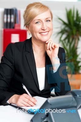 Happy Corporate Lady Preparing Notes Stock Photo