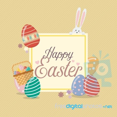 Happy Easter Banner Template With Bunny Rabbit And Eggs Stock Image