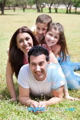 Happy Family Lying In The Grass Field Stock Photo