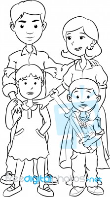 Happy Family With Two Children, Line Art Cartoon Stock Image