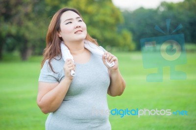 Happy Fatty Fit Woman Posing Outdoor Stock Photo
