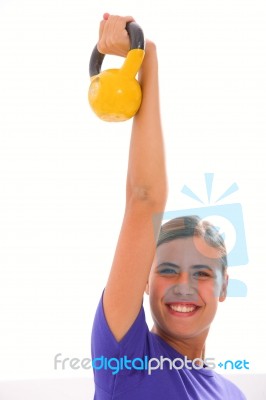 Happy Fitness Woman Lifting Kettlebell Stock Photo Happy Fitness Woman Lifting Kettlebell Stock Photo