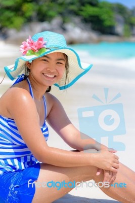 Happy Girl On The Beach At Thailand Stock Photo
