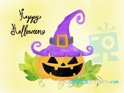 Happy Halloween Card, Watercolour Elements Pumpkin Wears Witch Hat Stock Image