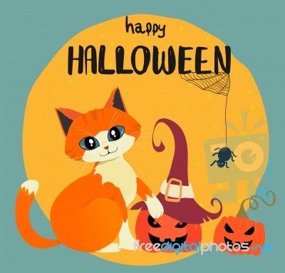 Happy Halloween Card With Hand Drawn Orange Cat And Pumpkins Against Full Moon Stock Image