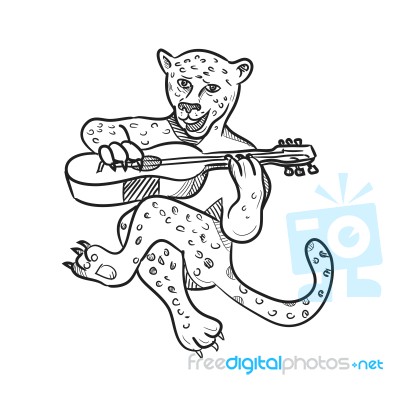 Happy Leopard Playing Acoustic Guitar Cartoon Stock Image