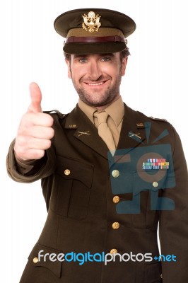 Happy Military Man Gesturing Thumbs Up Stock Photo