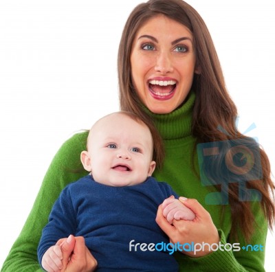 Happy Mother With Son Over White Background Stock Photo