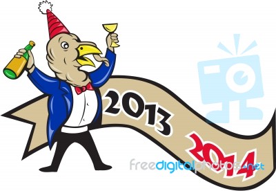 Happy New Year 2014 Turkey Toasting Wine Cartoon Stock Image