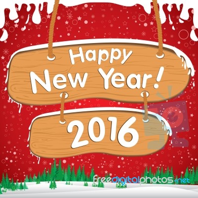 Happy New Year 2016. The White Snow And Green Christmas Tree On Red Background. White Snow And Star In Sky Stock Image Happy New Year 2016. The White Snow And Green Christmas Tree On Red Background. White Snow And Star In Sky Stock Image