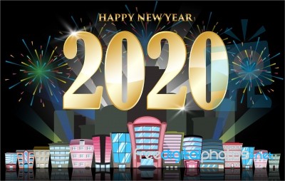 Happy New Year 2020 Building Set Night City Design Stock Image