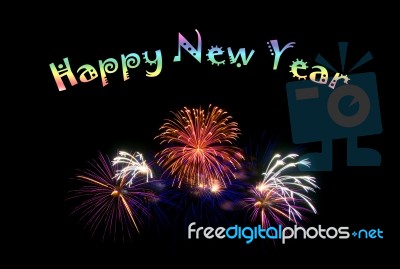 Happy New Year Text With Colorful Fireworks Stock Photo